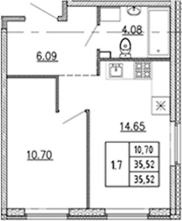 1-комнатная квартира 35.52 м², 1/22 эт., ЖК «Новые горизонты 2»